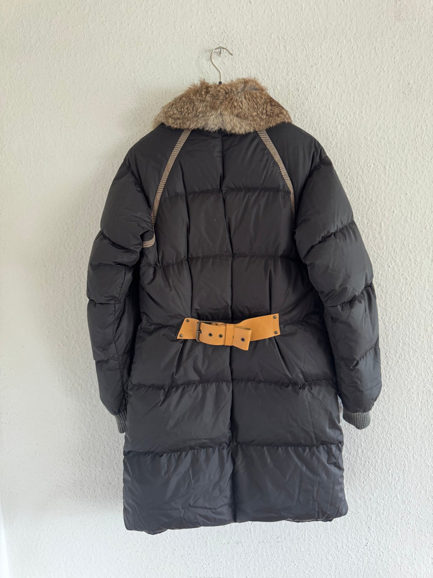 Just Cavalli Vintage Leather Trim Rabbit Fur Down Puffer Coat