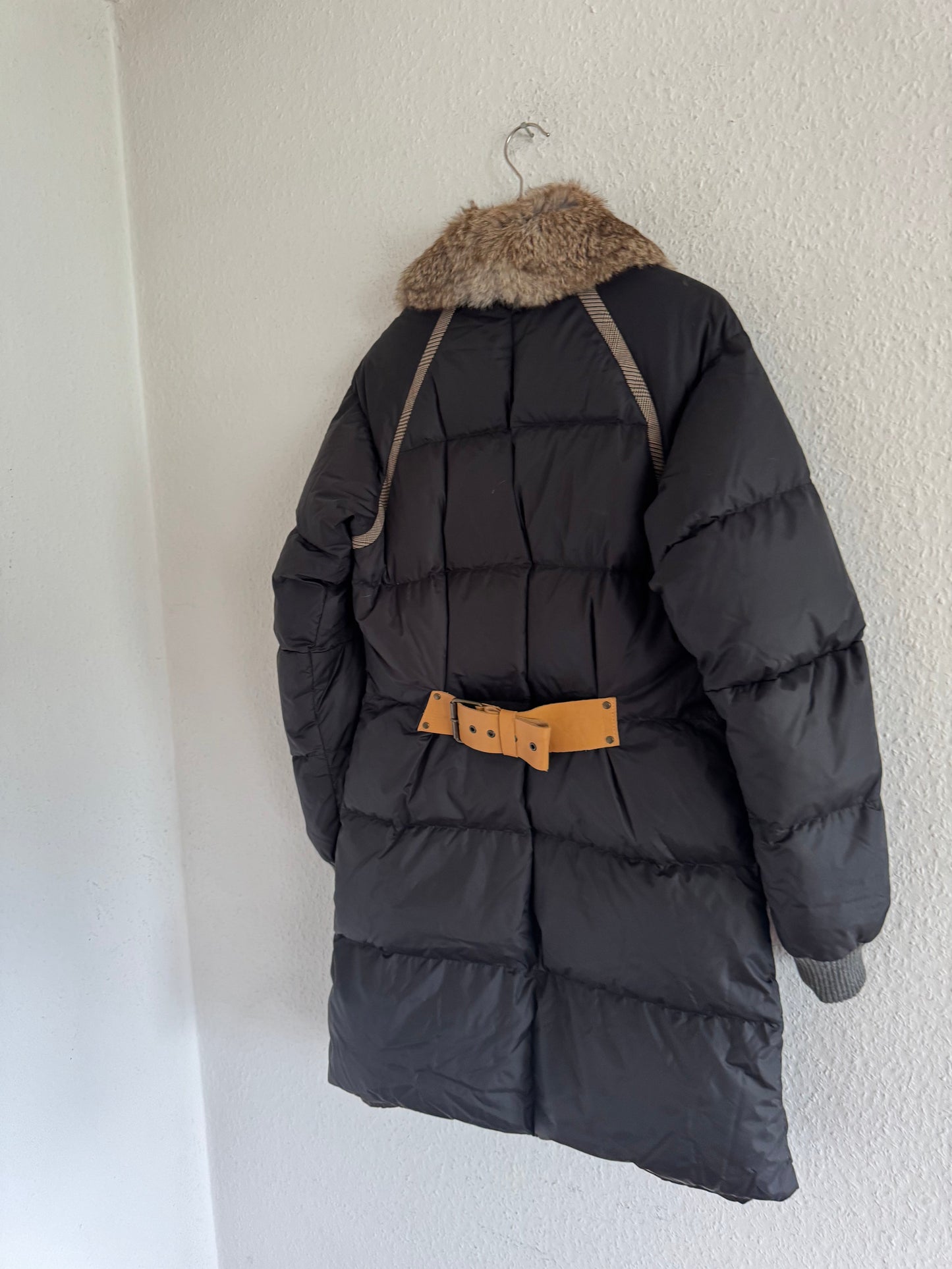 Just Cavalli Vintage Leather Trim Rabbit Fur Down Puffer Coat