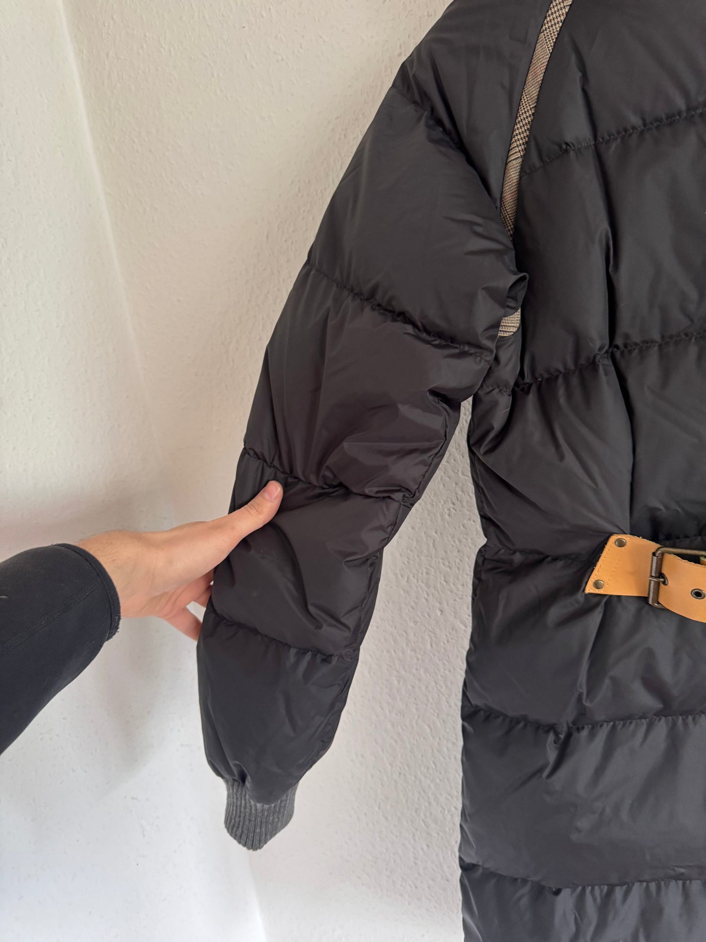 Just Cavalli Vintage Leather Trim Rabbit Fur Down Puffer Coat