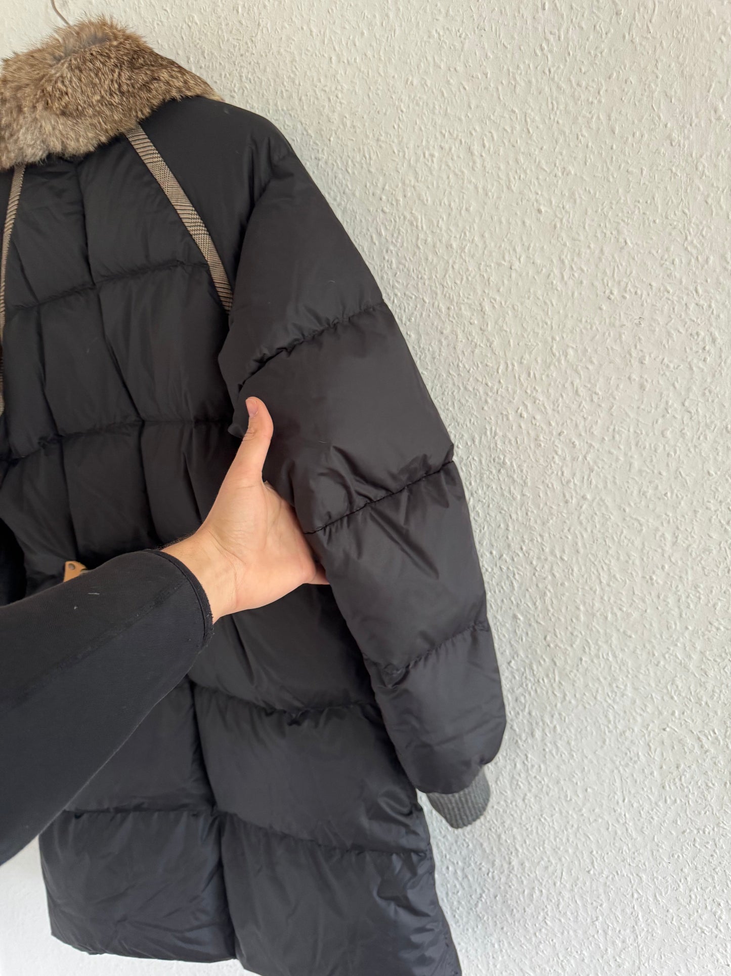 Just Cavalli Vintage Leather Trim Rabbit Fur Down Puffer Coat
