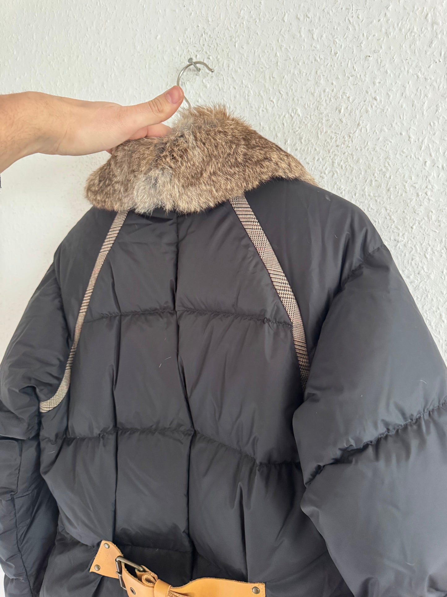Just Cavalli Vintage Leather Trim Rabbit Fur Down Puffer Coat
