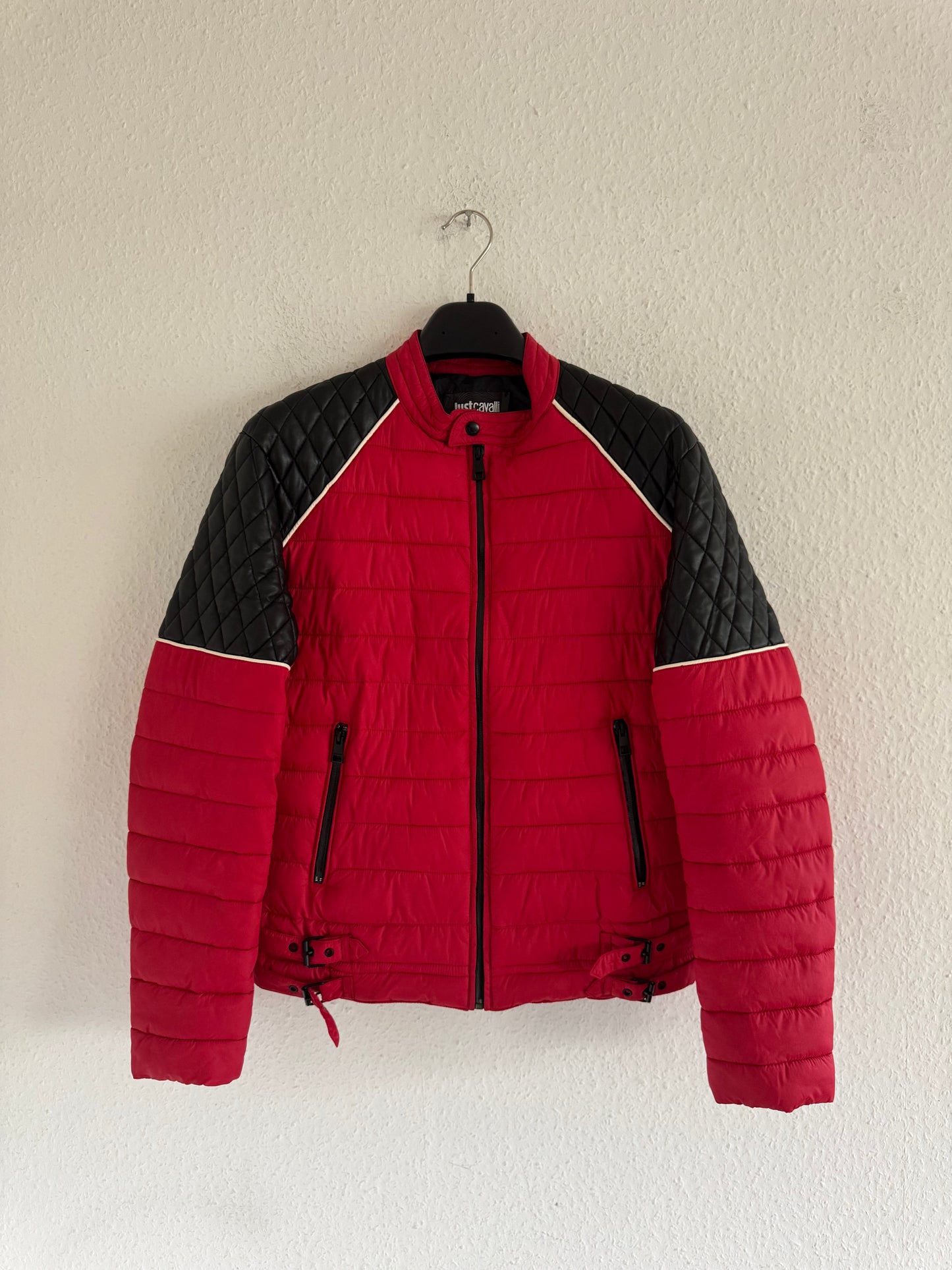 Just Cavalli Quilted Biker Down Jacket With Leather Shoulders