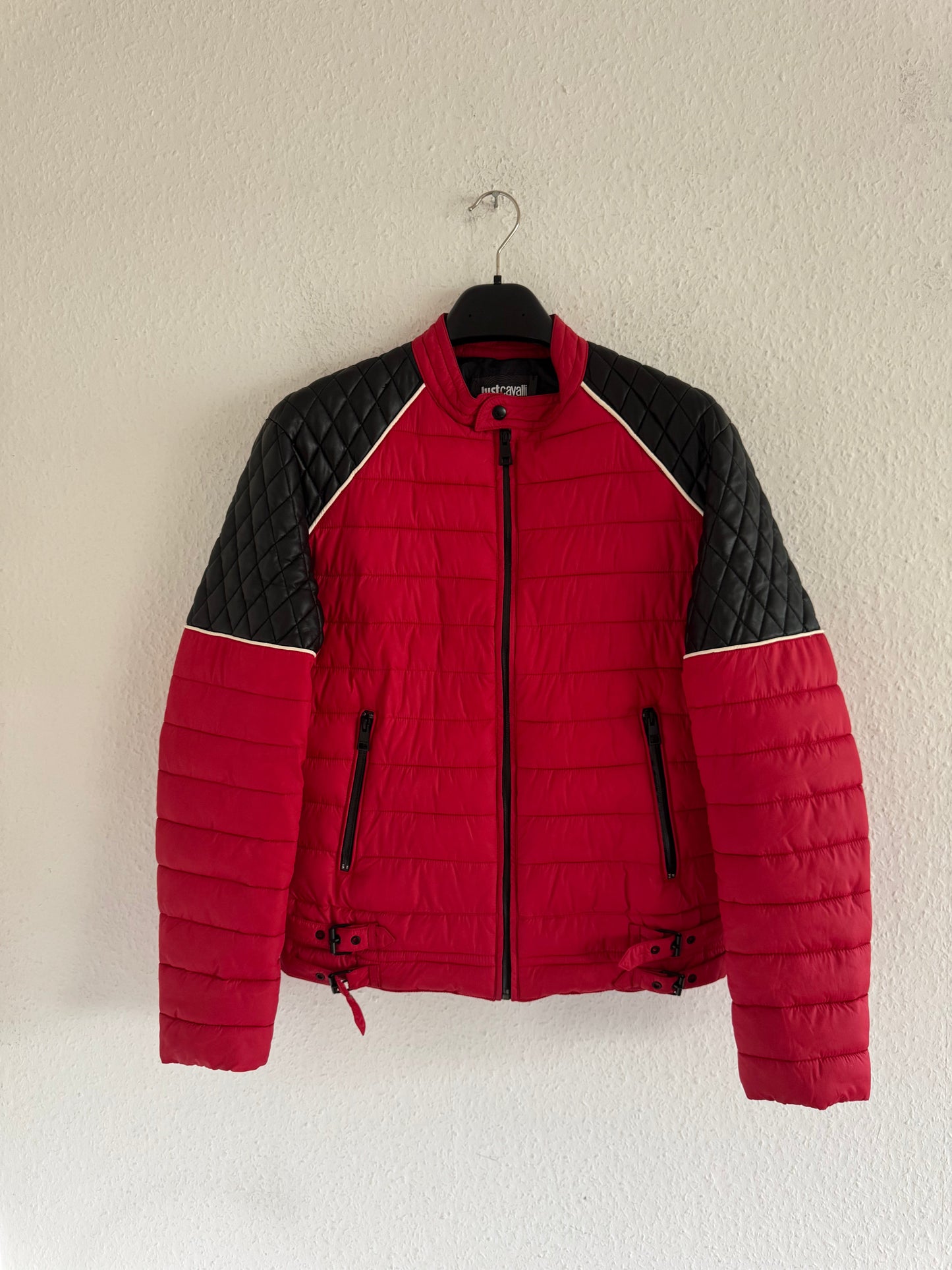 Just Cavalli Quilted Biker Down Jacket With Leather Shoulders