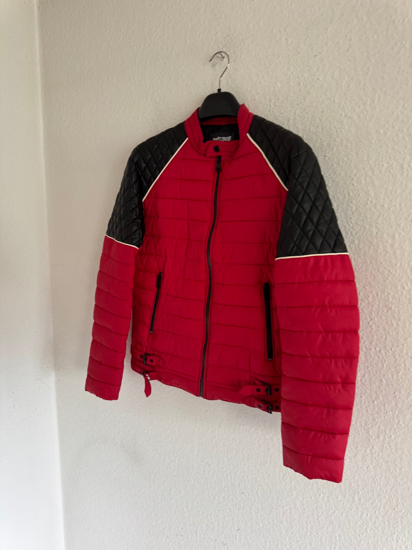 Just Cavalli Quilted Biker Down Jacket With Leather Shoulders
