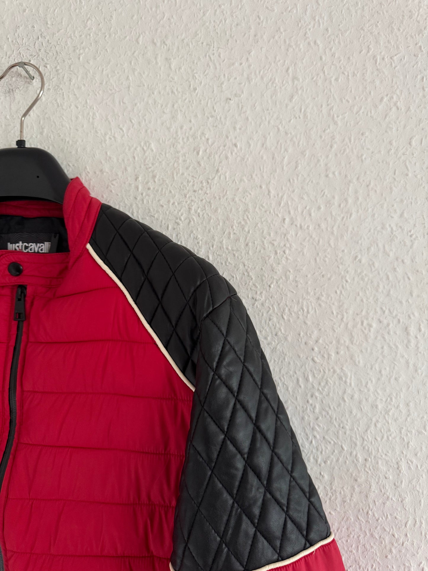 Just Cavalli Quilted Biker Down Jacket With Leather Shoulders