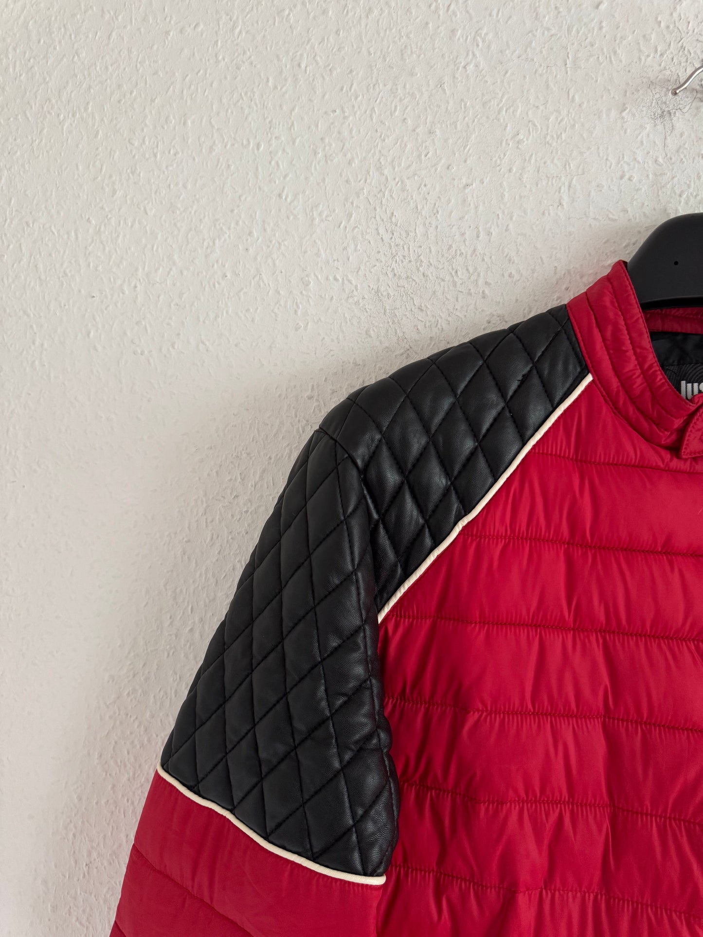 Just Cavalli Quilted Biker Down Jacket With Leather Shoulders