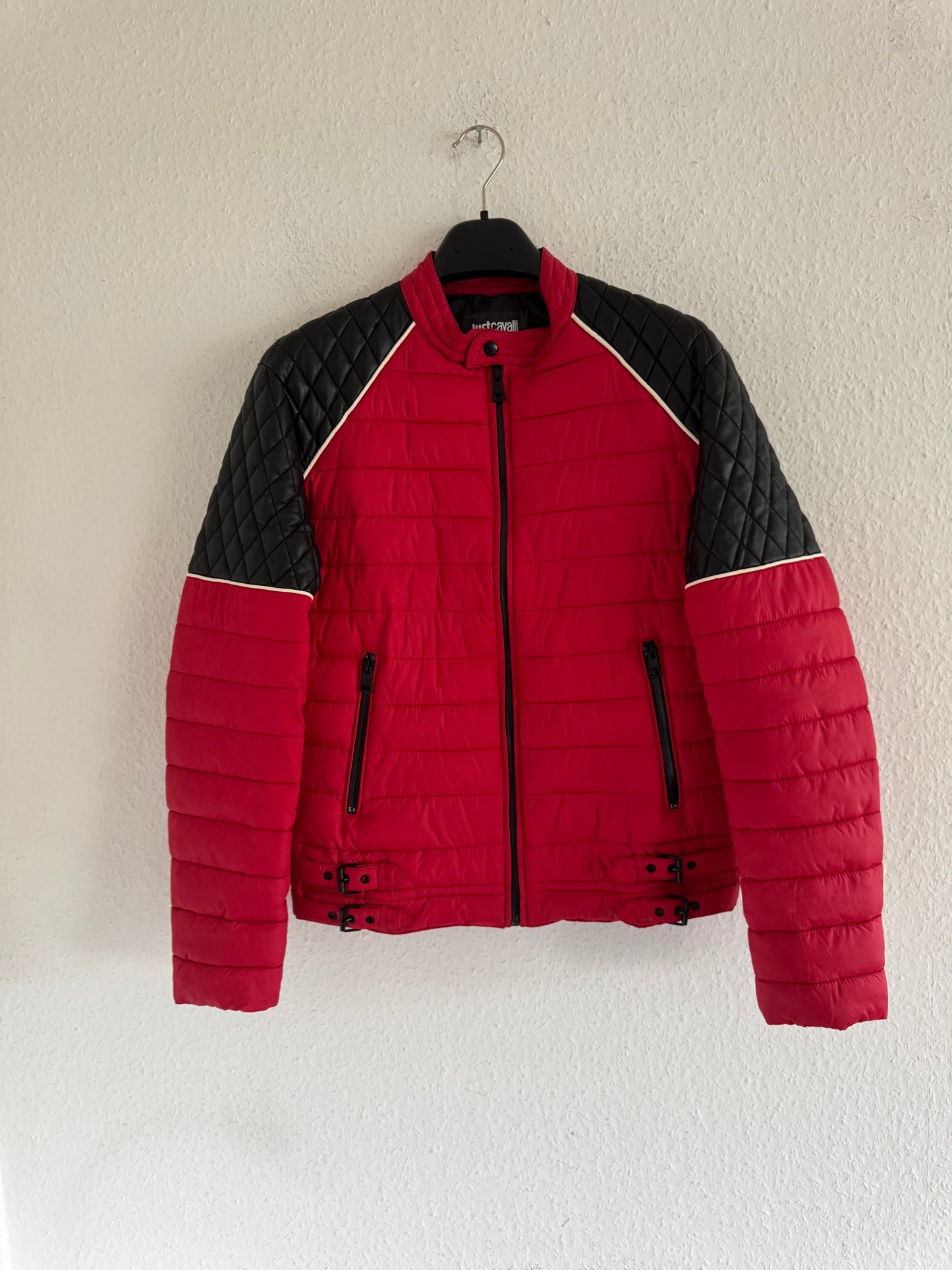 Just Cavalli Quilted Biker Down Jacket With Leather Shoulders