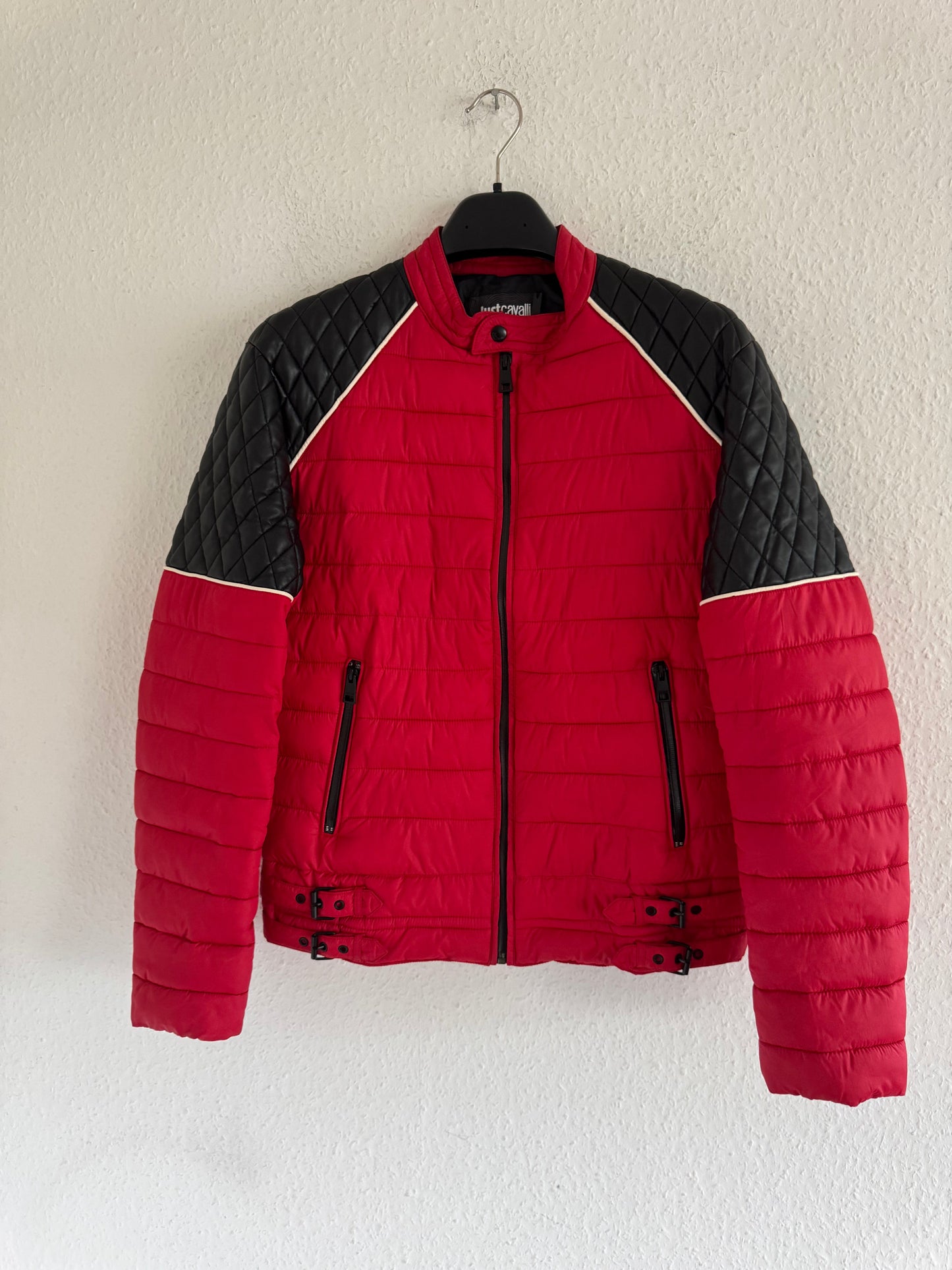 Just Cavalli Quilted Biker Down Jacket With Leather Shoulders