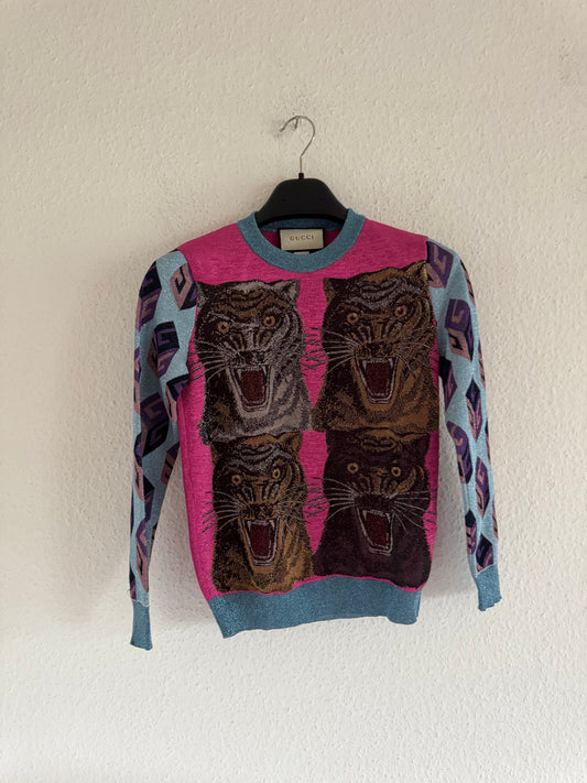 Glitter Tiger Jacquard Knit Sweater Pink Blue