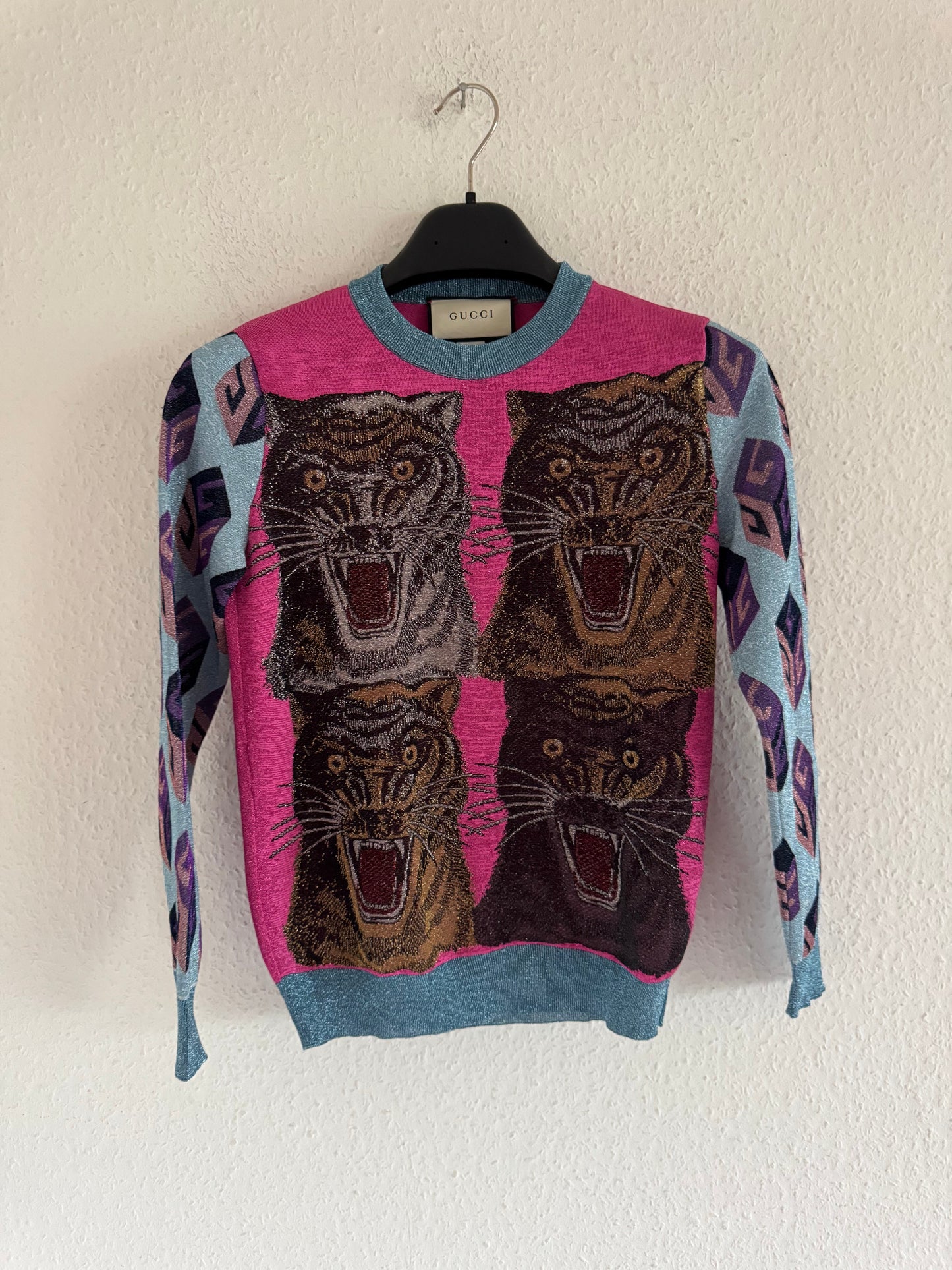 Glitter Tiger Jacquard Knit Sweater Pink Blue