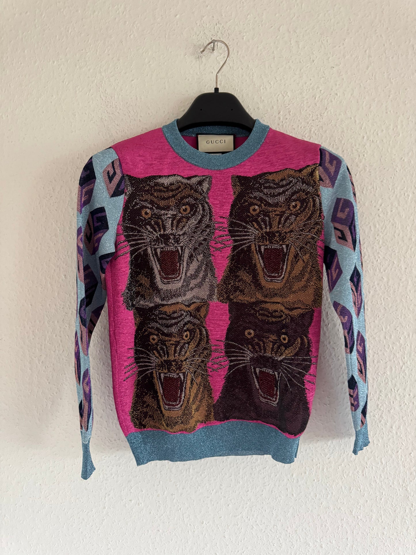 Glitter Tiger Jacquard Knit Sweater Pink Blue