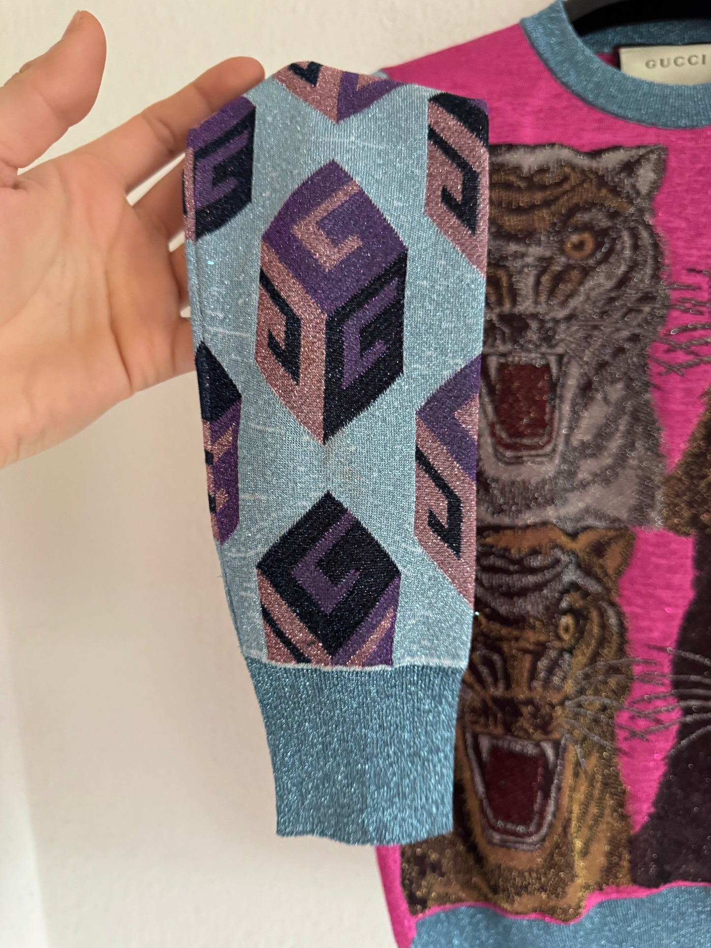 Glitter Tiger Jacquard Knit Sweater Pink Blue