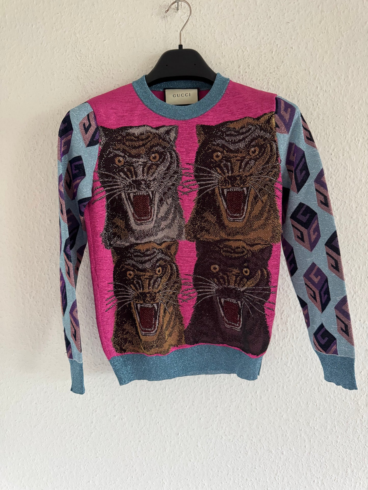 Glitter Tiger Jacquard Knit Sweater Pink Blue